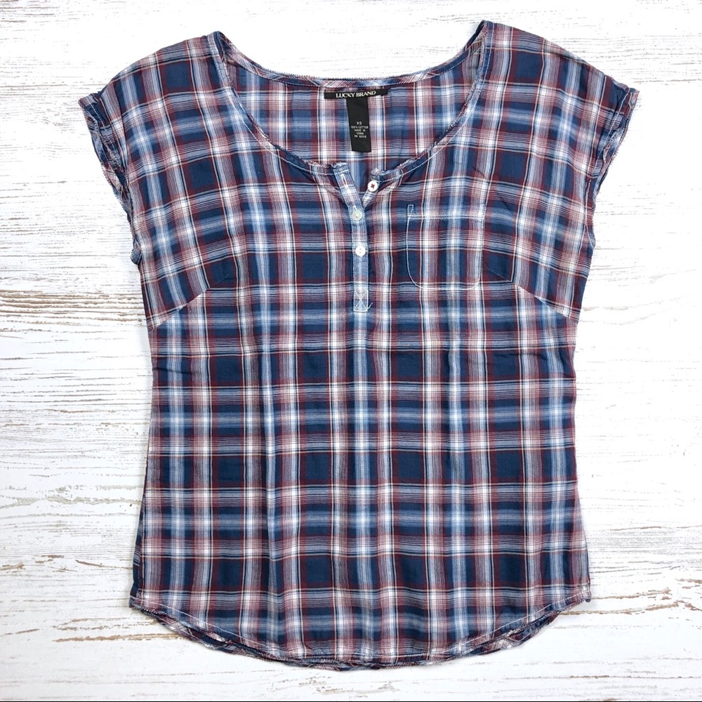 Lucky Brand Plaid Top XS T-Shirt Checks Buttons